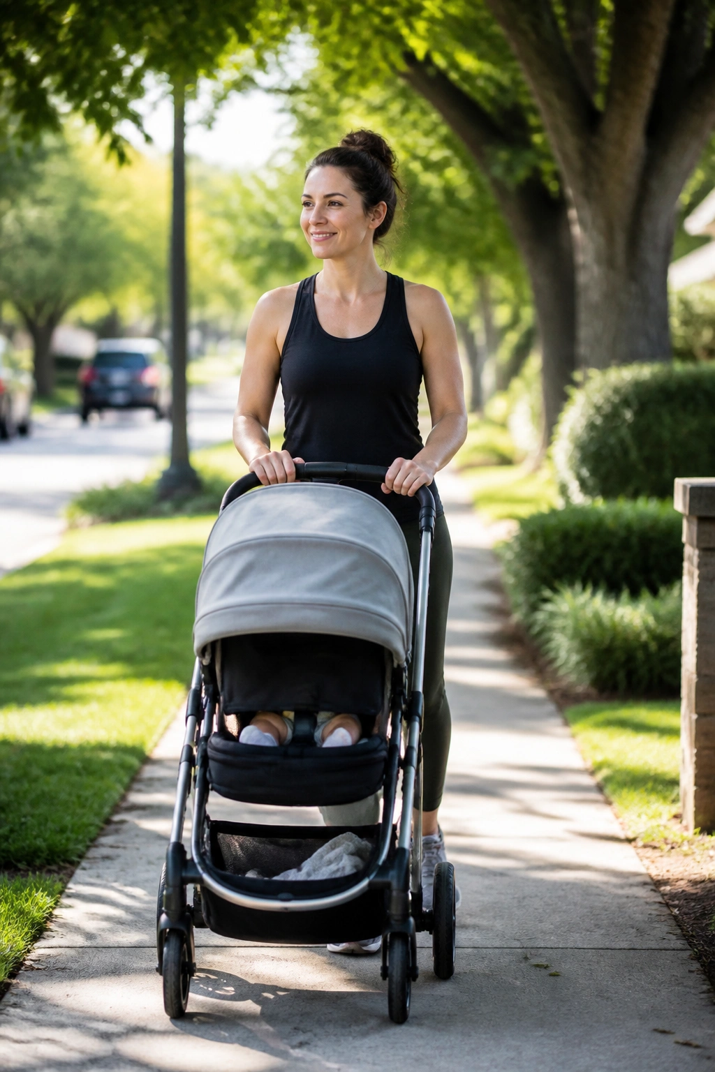 Mom walking with a stroller on a sunny sidewalk, posture relaxed during a daytime walk
