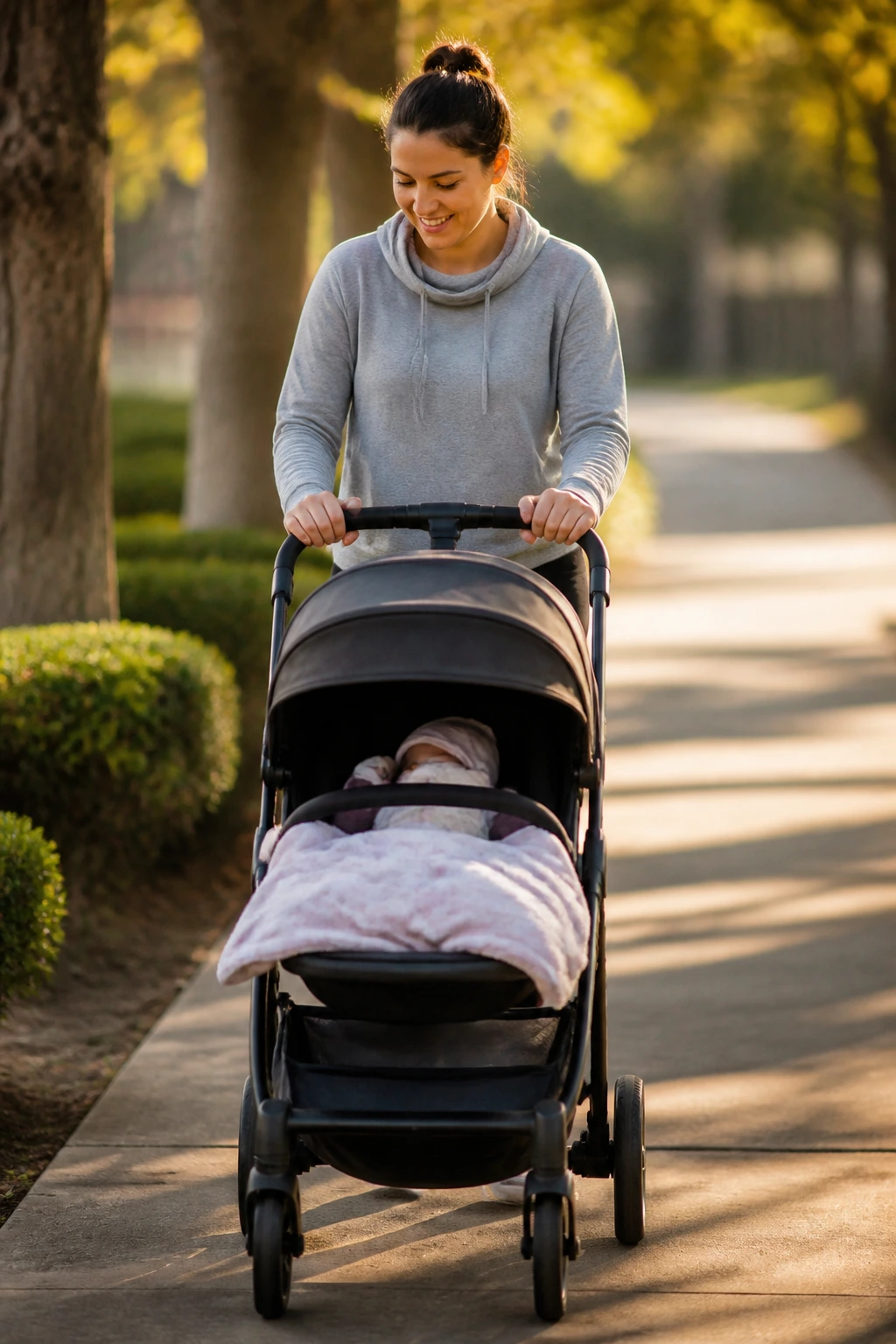 Real mom walking outdoors with a stroller in a calm, sunlit scene.