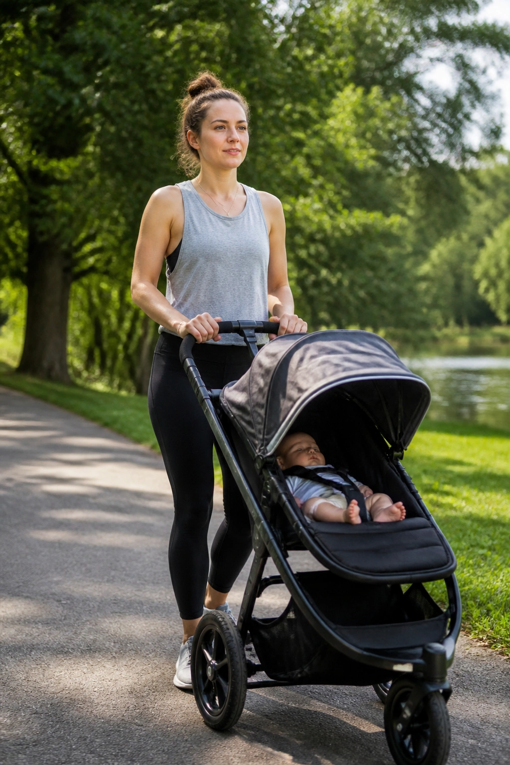 Postpartum mother pushing a stroller on a park path during intervals.