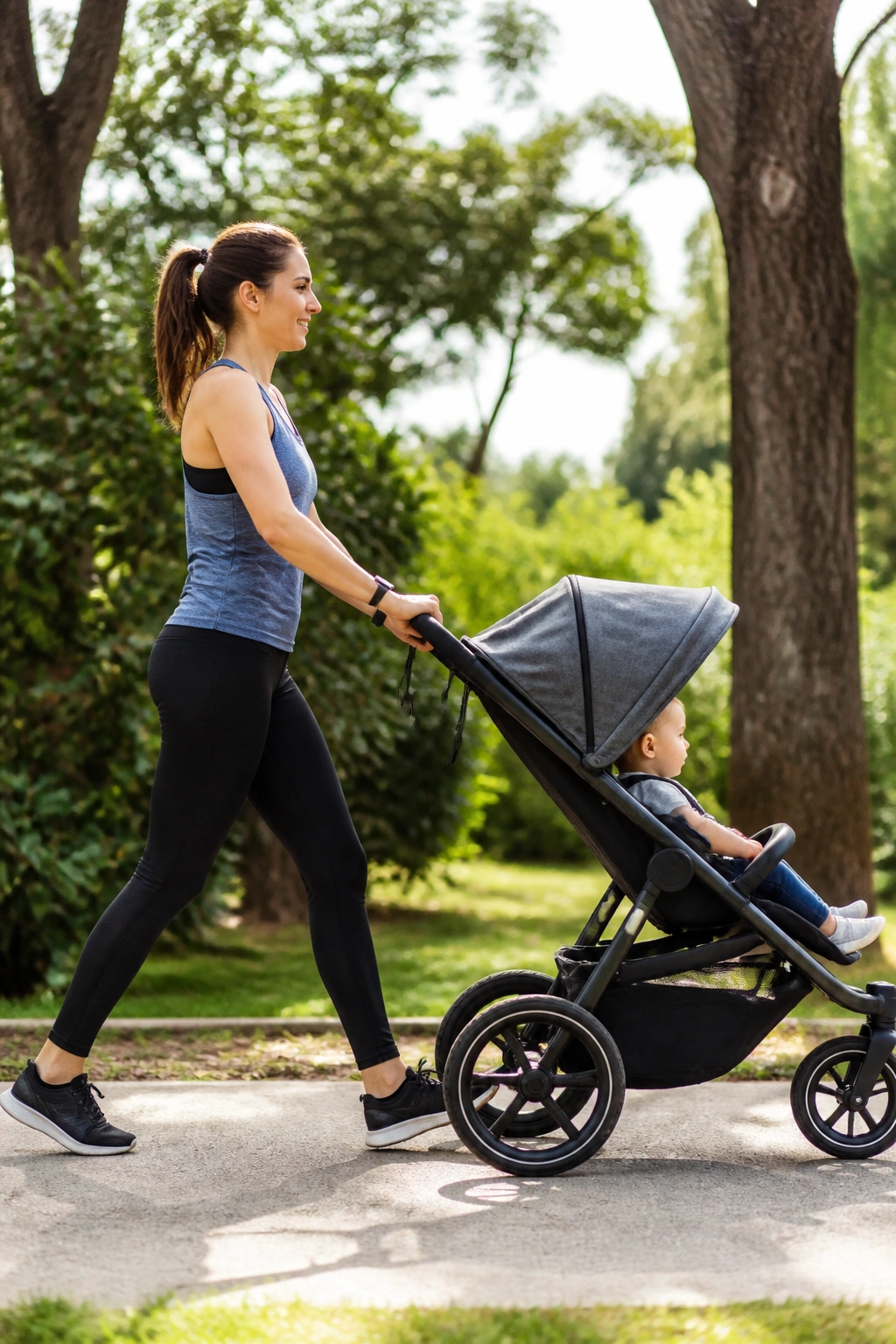 Mother walking briskly outdoors with a stroller for postpartum cardio.