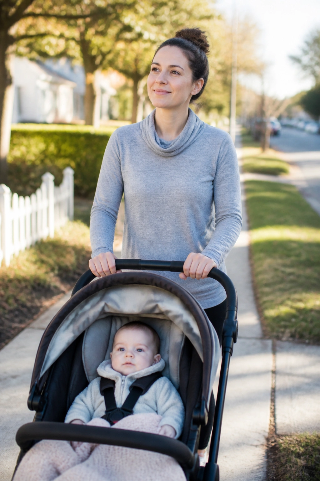 Close-up of a new mom pushing a stroller on a quiet residential street, upright posture.