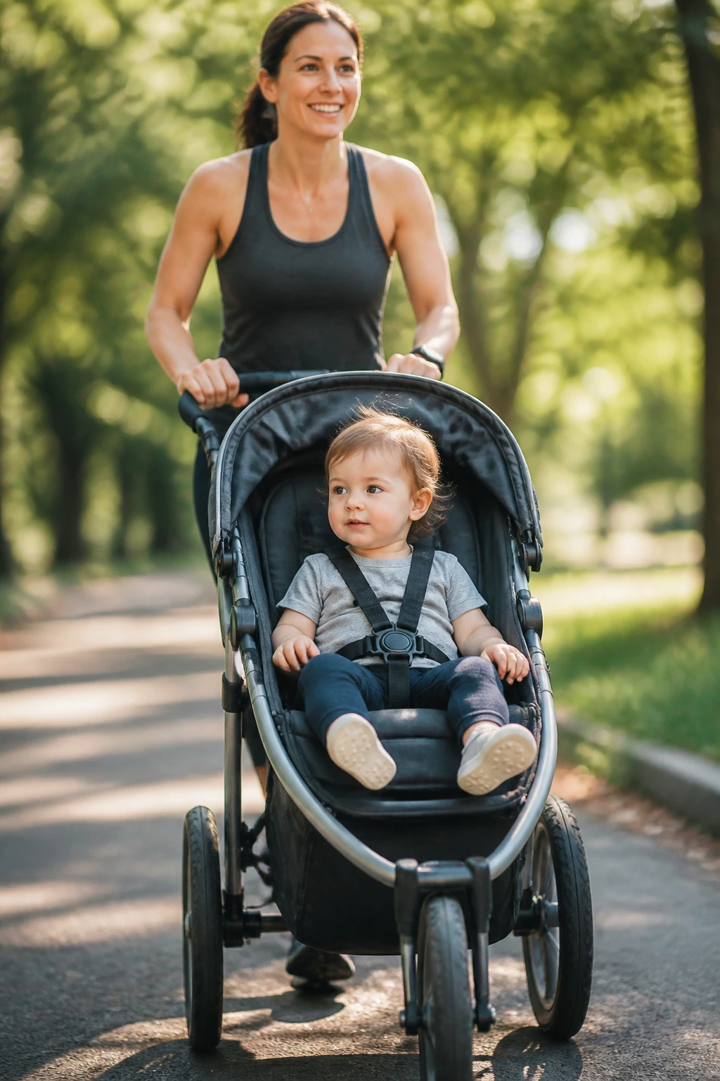 Close-up of a parent pushing a stroller with a toddler in a sunlit park path