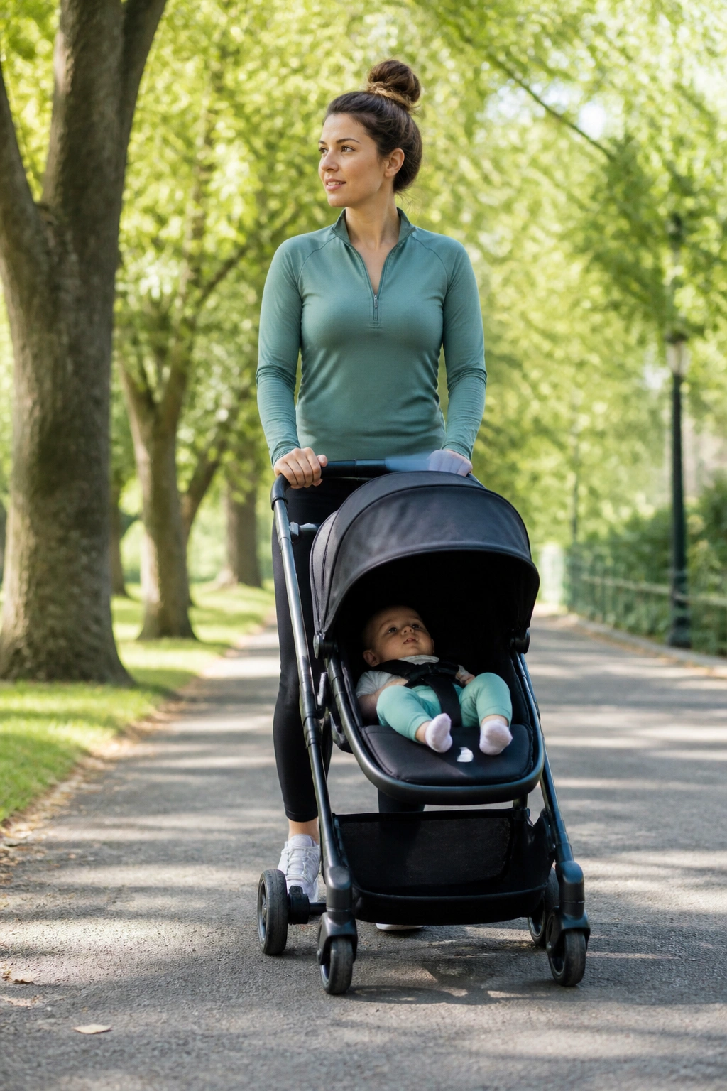 Parent walking outdoors with stroller, maintaining upright posture for postpartum core