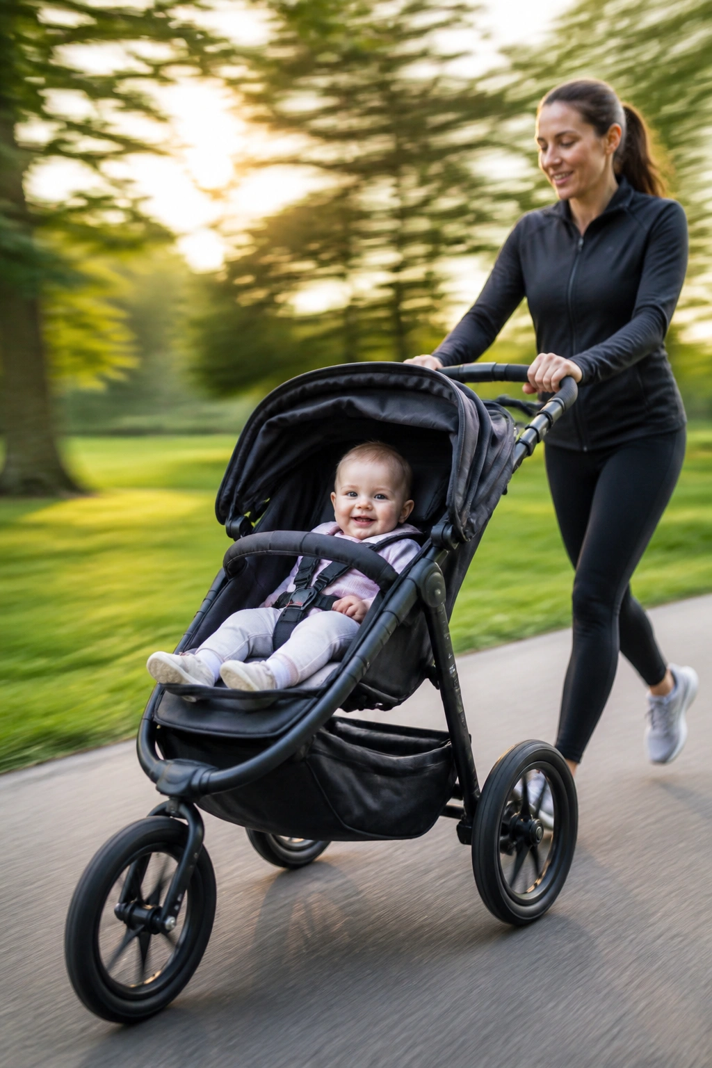 Stroller in motion with baby inside on a park path, used as a training tool.