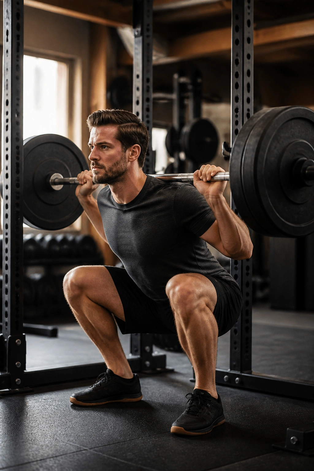 Medium close-up of a lifter performing a back squat to illustrate StrongLifts 5x5.