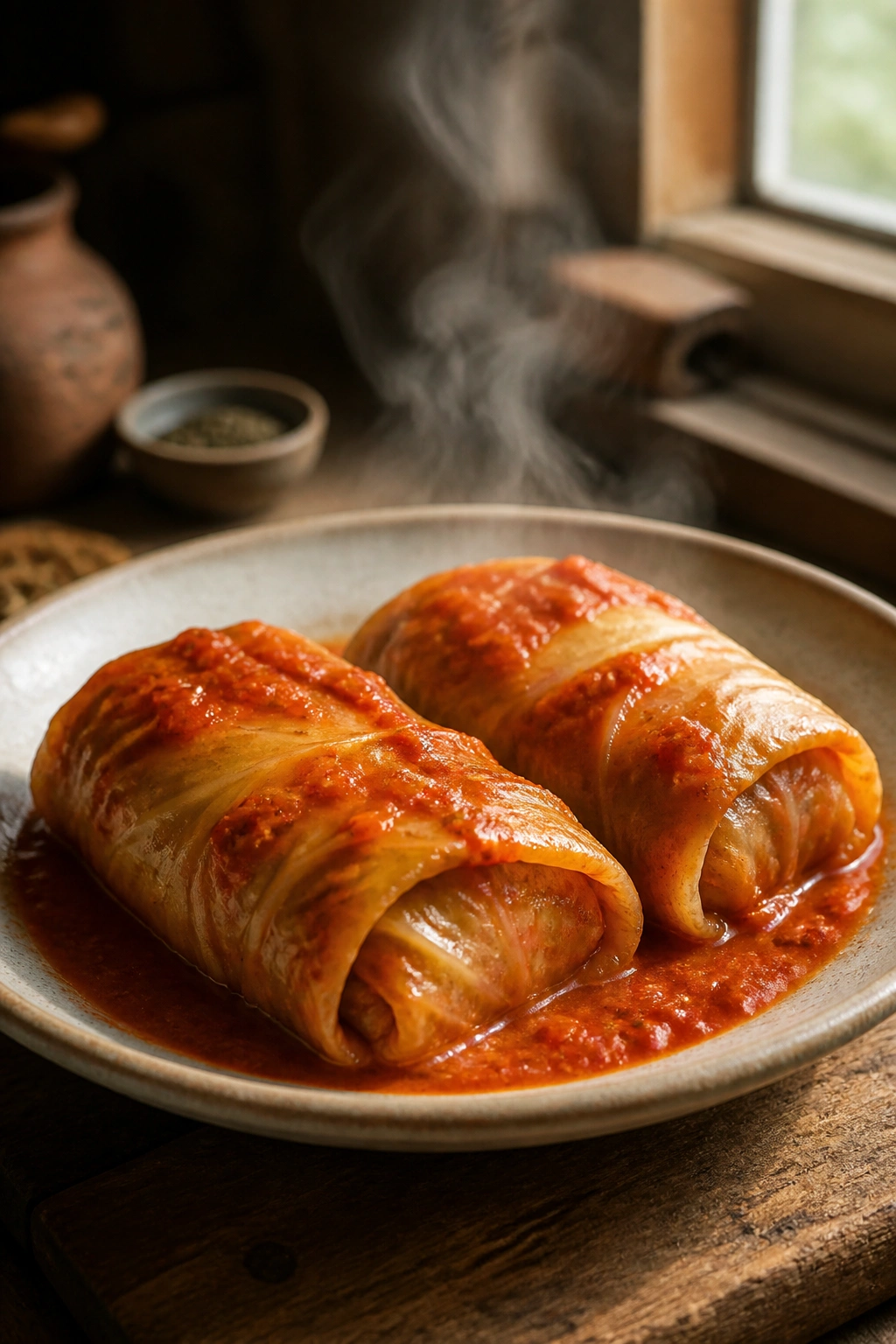 Close-up of stuffed cabbage rolls on rustic plate in warm kitchen