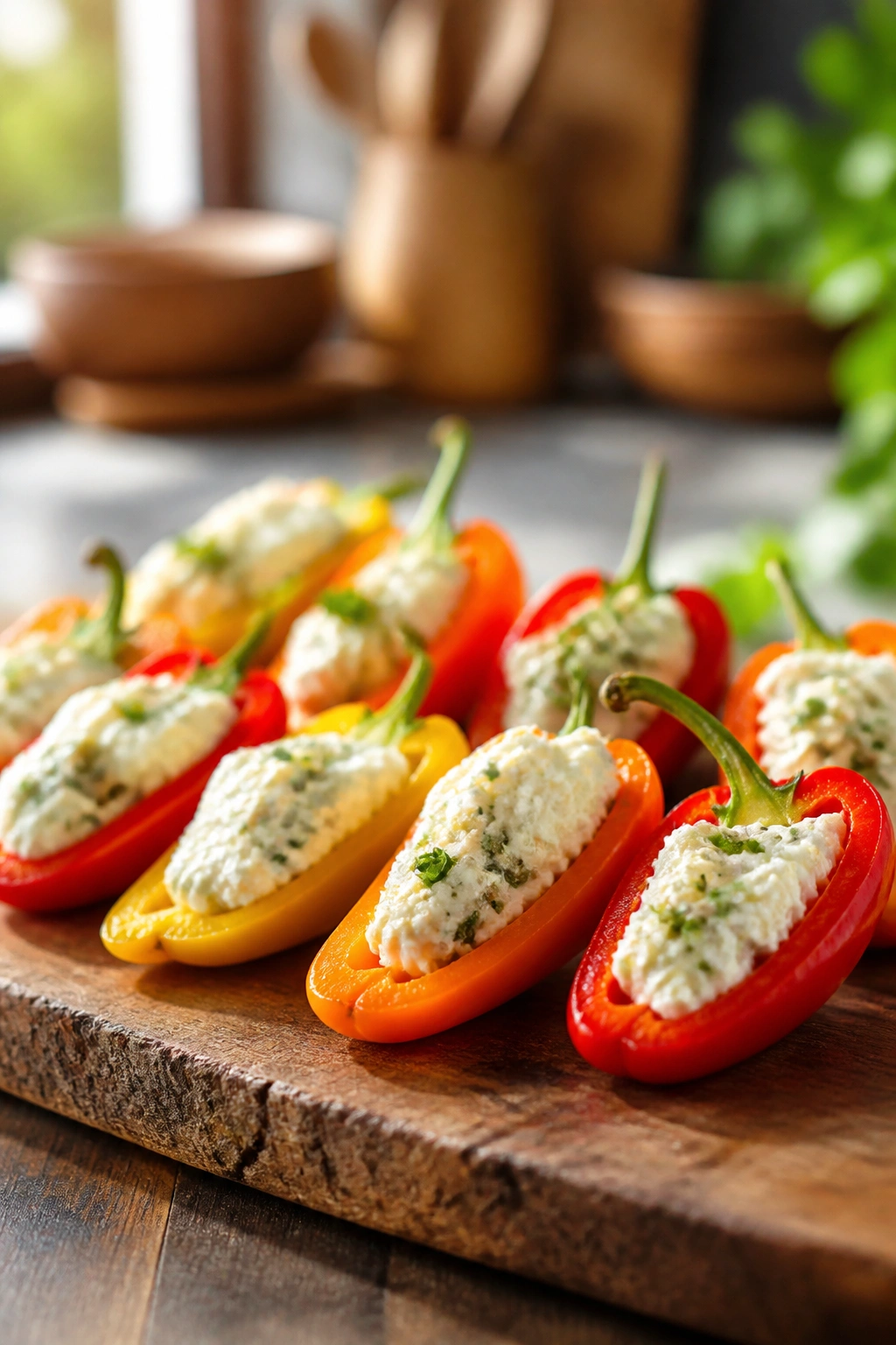 Close-up of colorful stuffed mini peppers with creamy filling on a wooden board