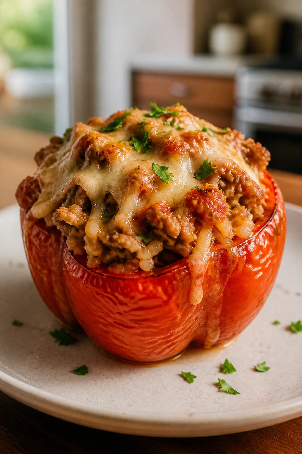 Close-up of a stuffed bell pepper with ground turkey and rice on a plate