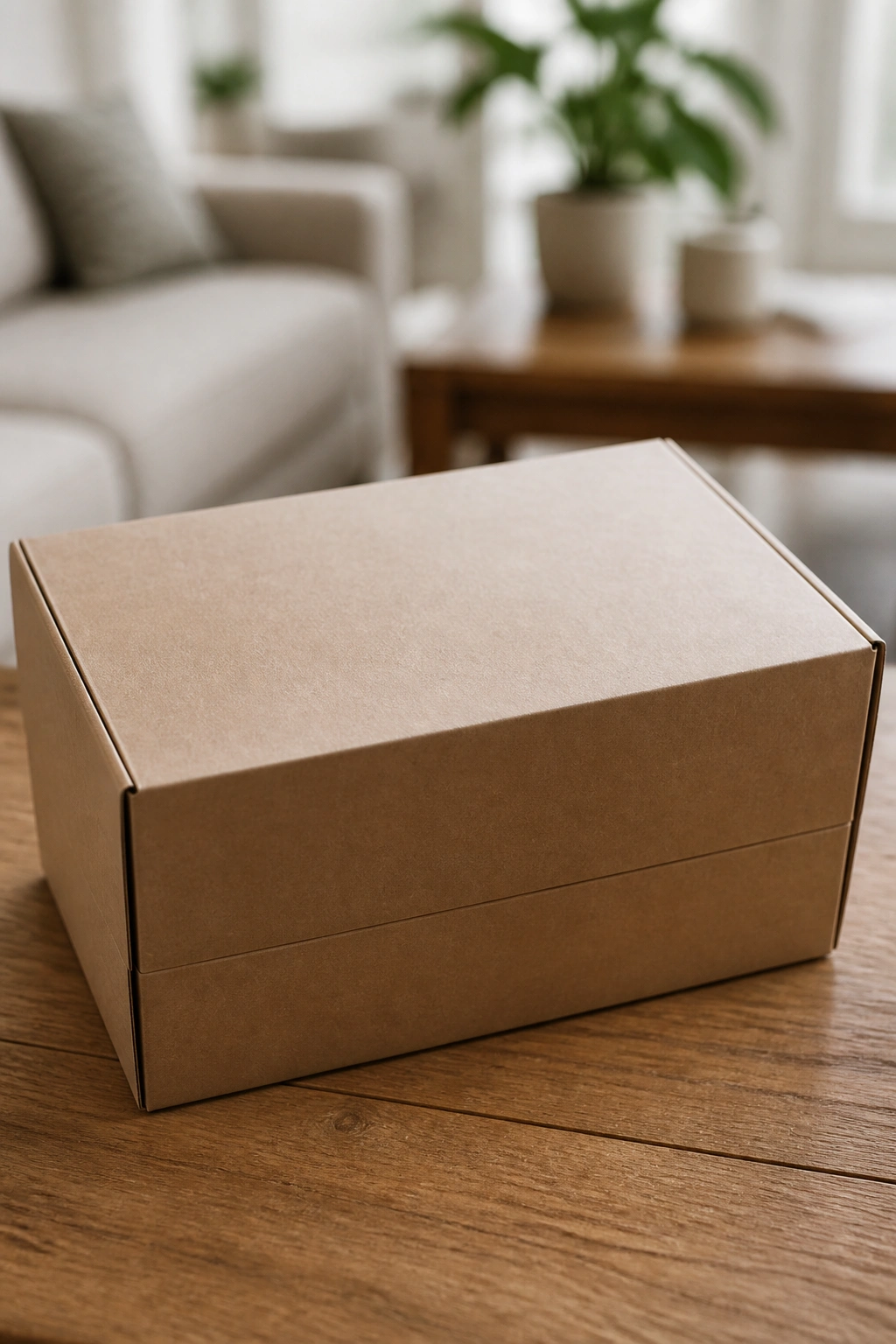 Plain unbranded subscription box on wooden table in a cozy living area