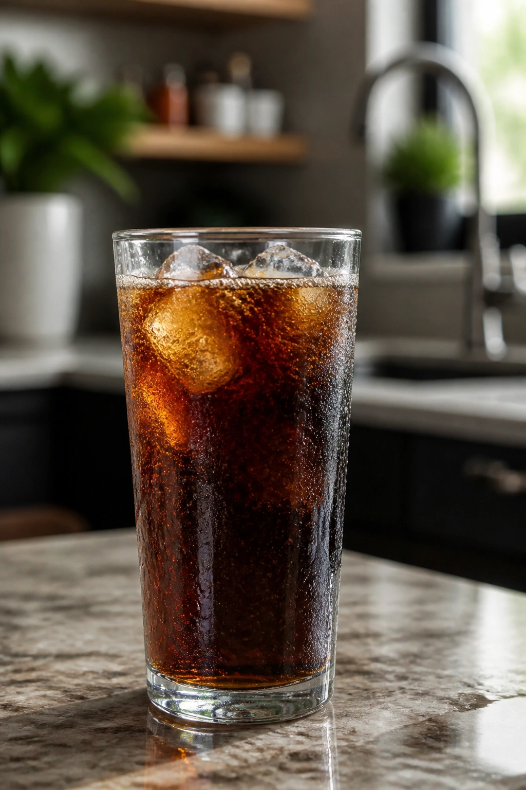 Glass of sugary soda on a kitchen counter with condensation