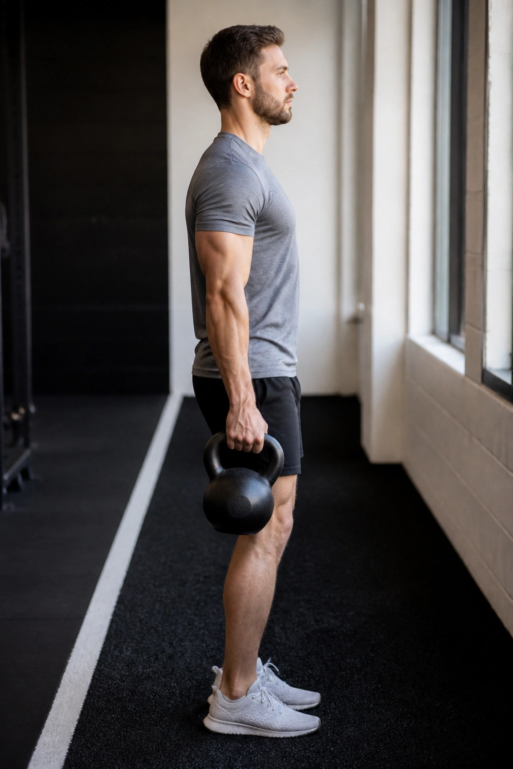 Person carrying a heavy weight on one side, upright posture