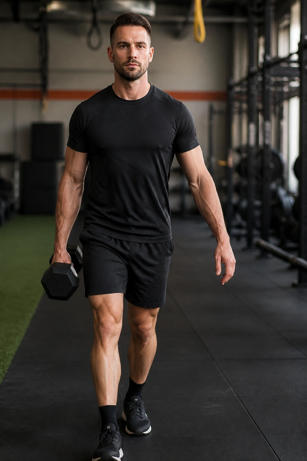 Person performing a one-arm suitcase carry with tall posture to train lateral stability