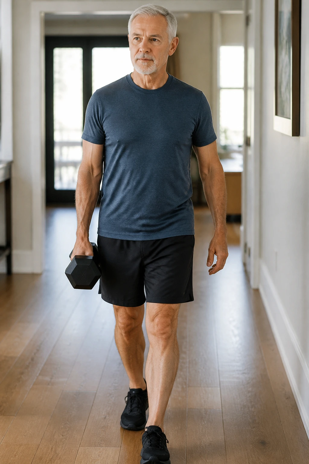 Person performing suitcase carry with a dumbbell in one hand at home.