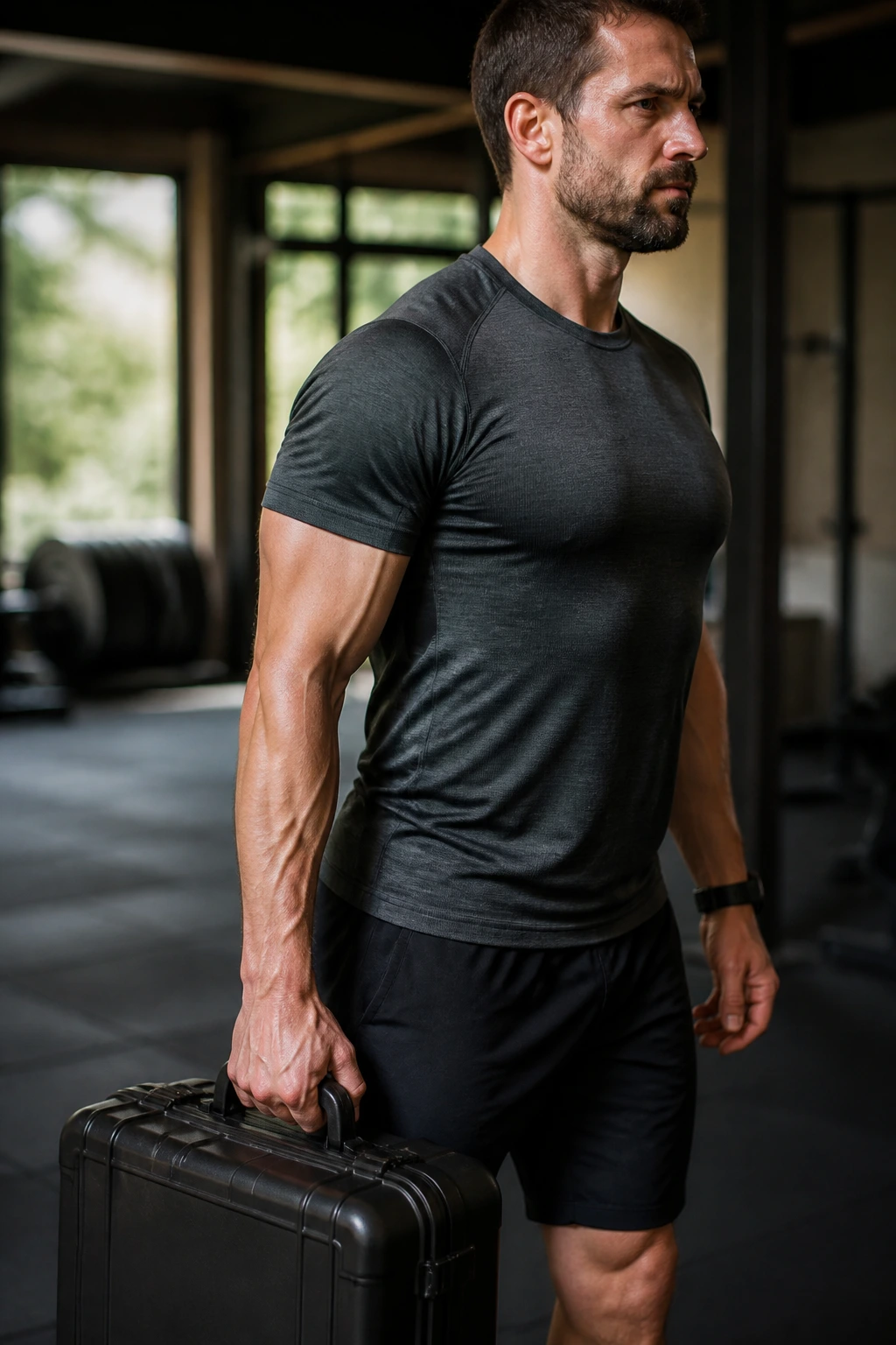 Close-up of man performing suitcase carry with anti-rotation in gym setting