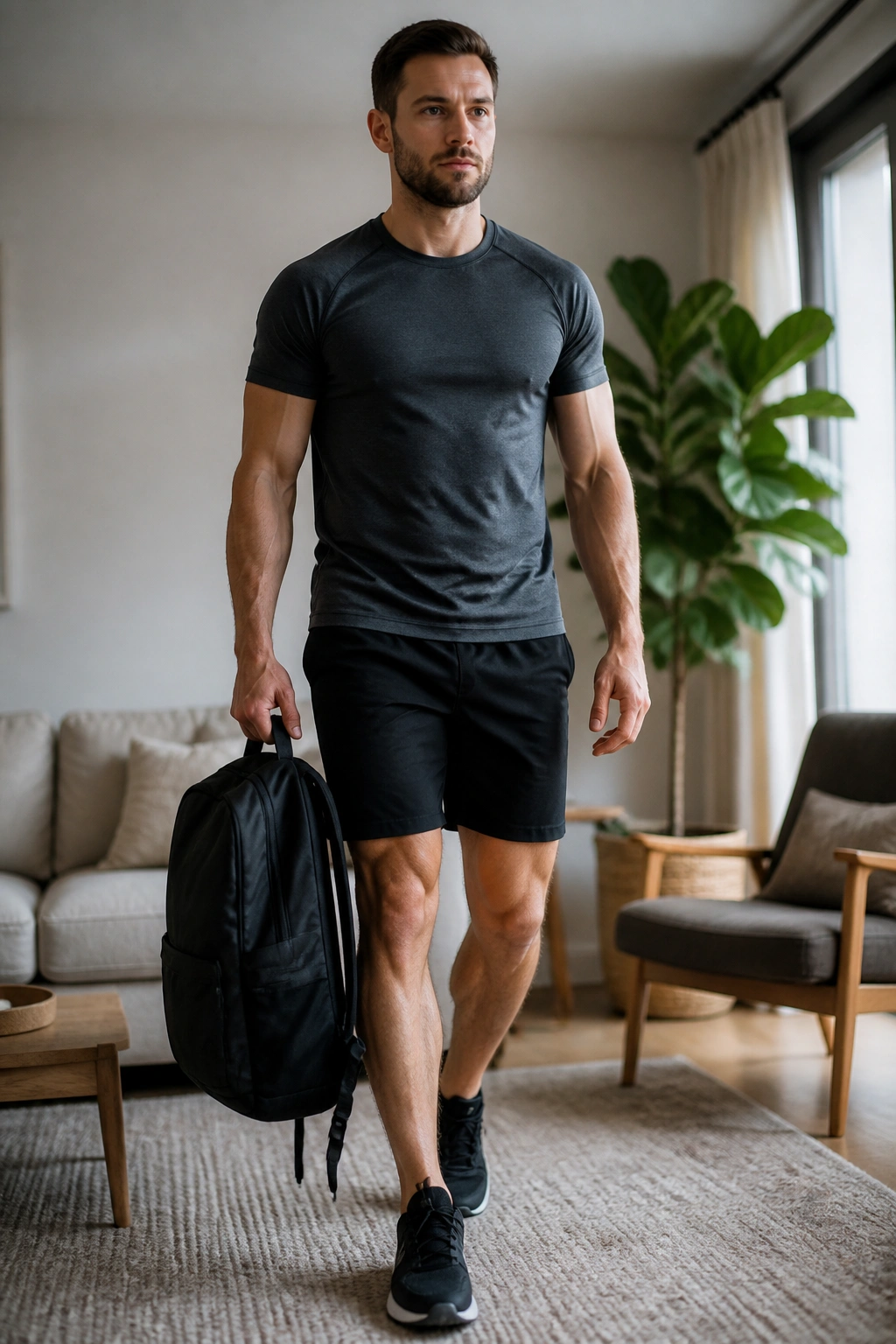 Medium-close portrait of a person performing suitcase carry with a backpack in a cozy home living room