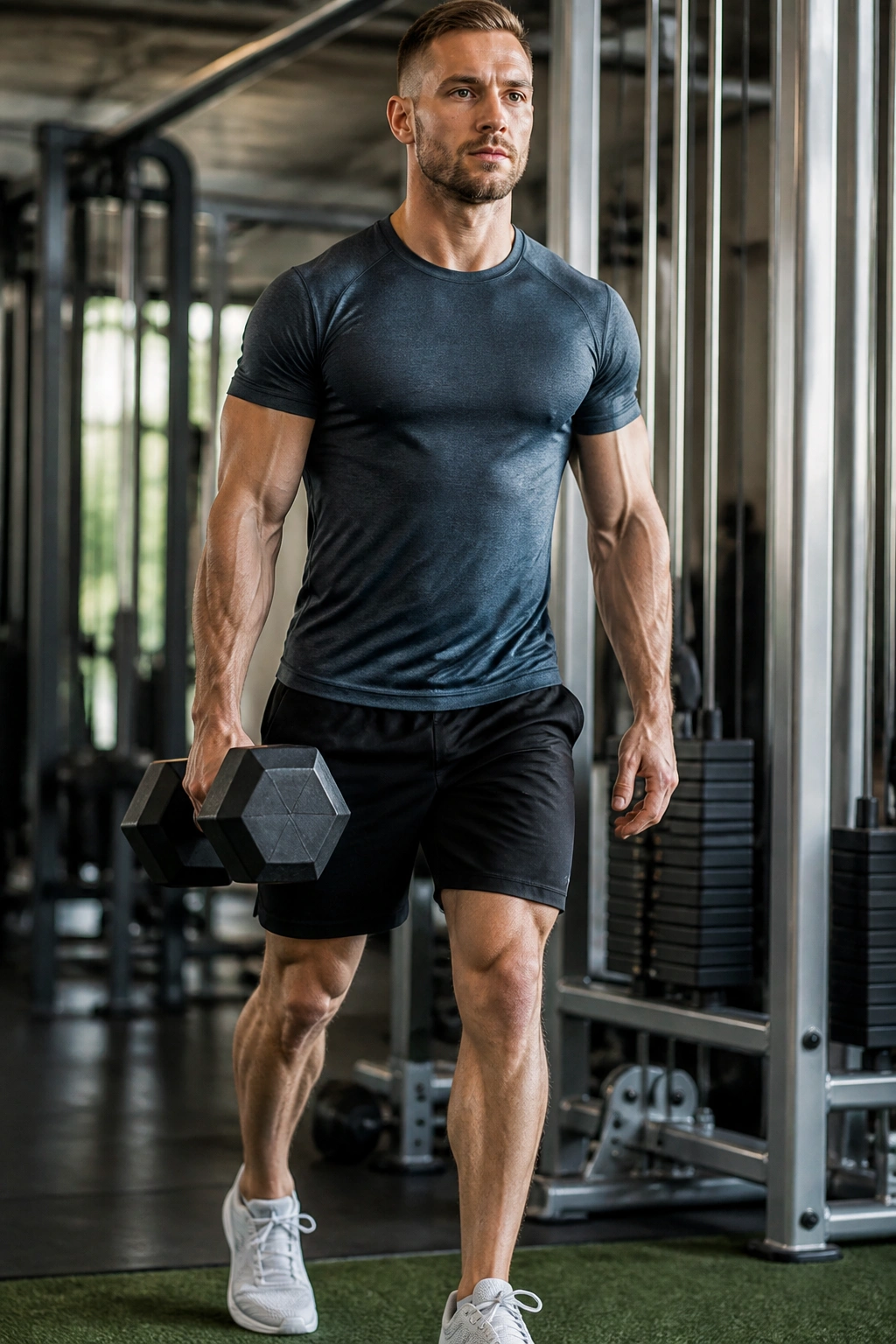 Close-up of real athlete performing suitcase carry as part of a loaded core finisher circuit in gym