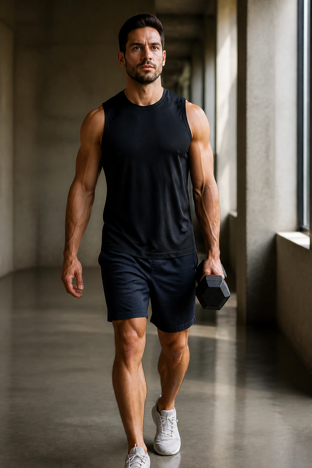 Medium shot of a person performing suitcase carry with a dumbbell in a hallway gym
