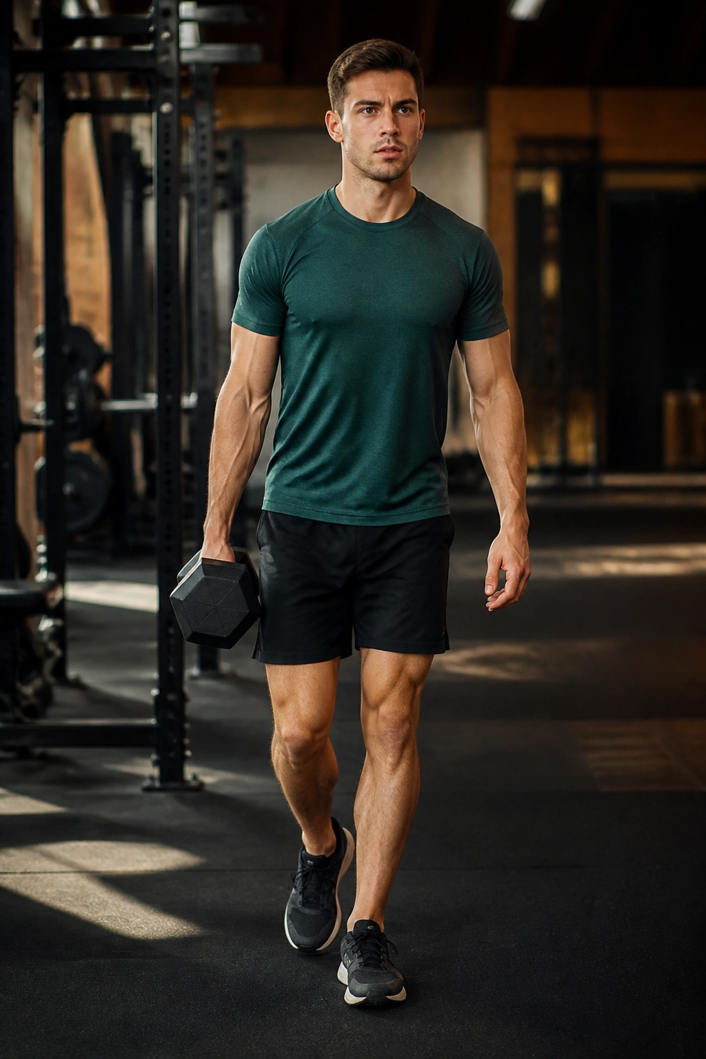 Portrait of a person performing suitcase carry with a dumbbell in one hand, upright posture
