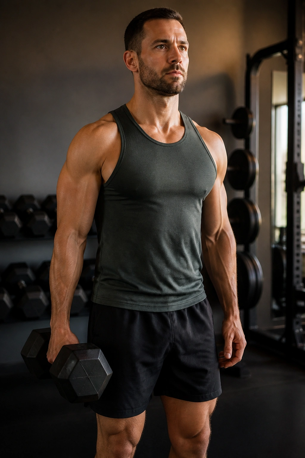 Medium close-up of a person performing suitcase carry with a heavy dumbbell on one side, core braced