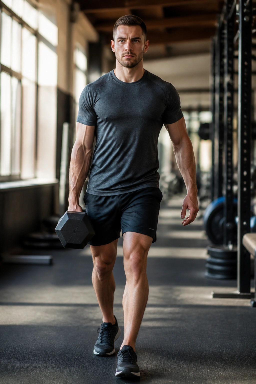 Close-up of a person performing the suitcase carry with a heavy dumbbell, showing core control in a gym setting