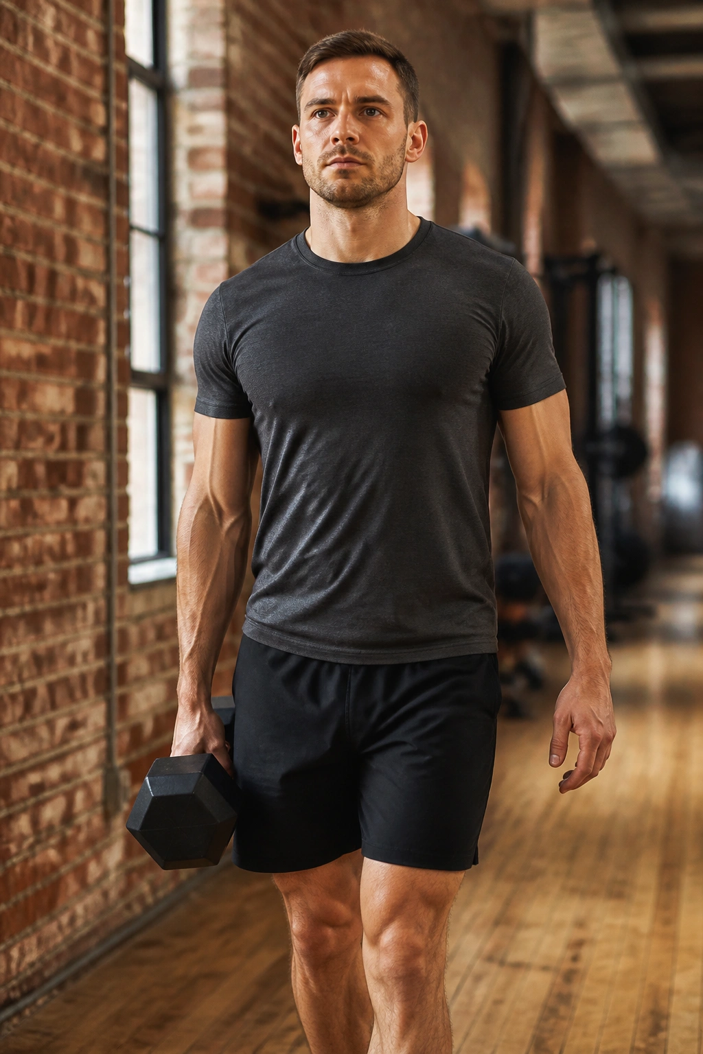Real person performing suitcase carry with dumbbell on one side, tall posture and engaged core in a gym setting