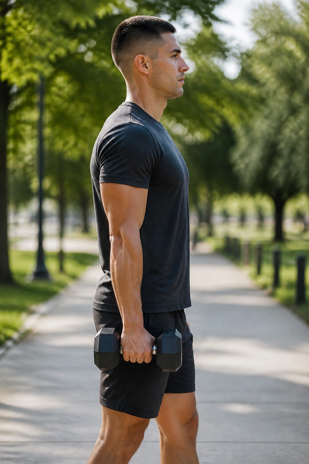 Profile shot of a person performing suitcase carry with weight at side