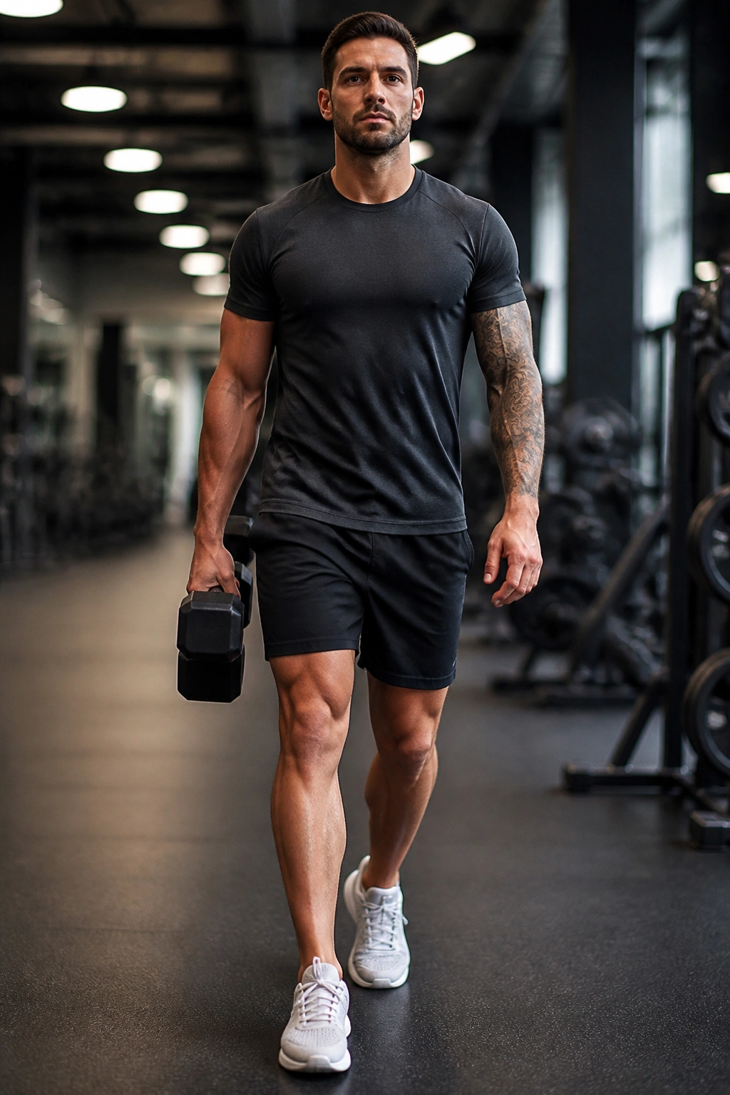 Close-up of a fit person performing suitcase carry with a dumbbell on one side in a gym, core braced.
