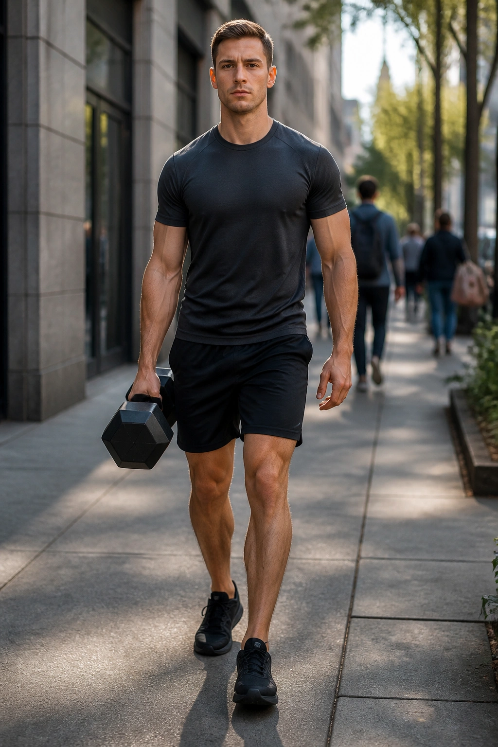 Medium shot of a person carrying a heavy dumbbell on one side while walking.