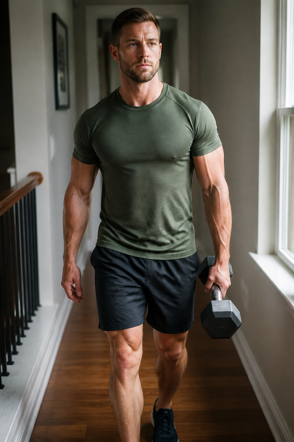 Real person performing suitcase carry with one dumbbell in a hallway, upright torso and engaged core