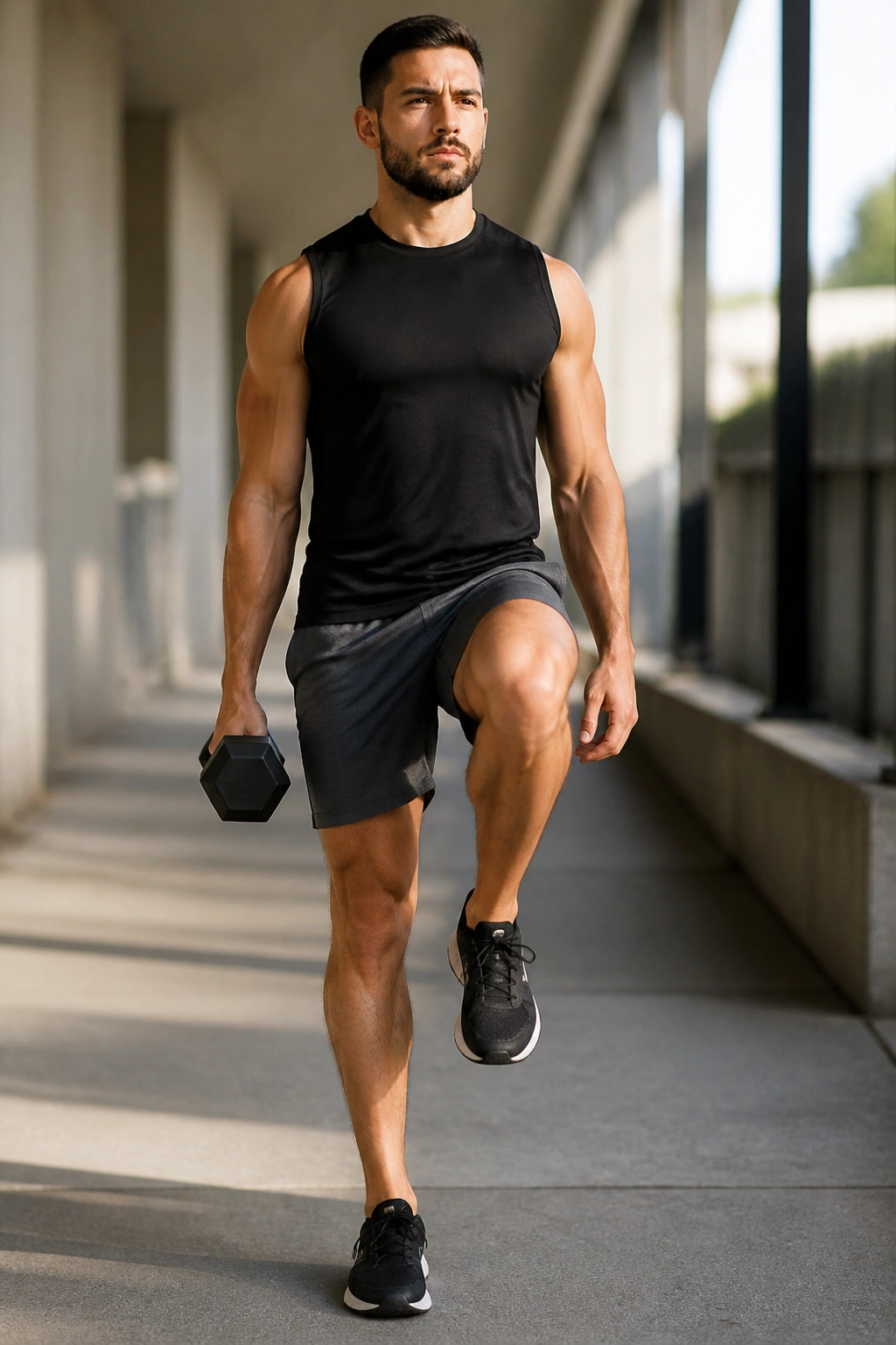 Side view of a person performing suitcase carry march, dumbbell in one hand, torso braced and hips level