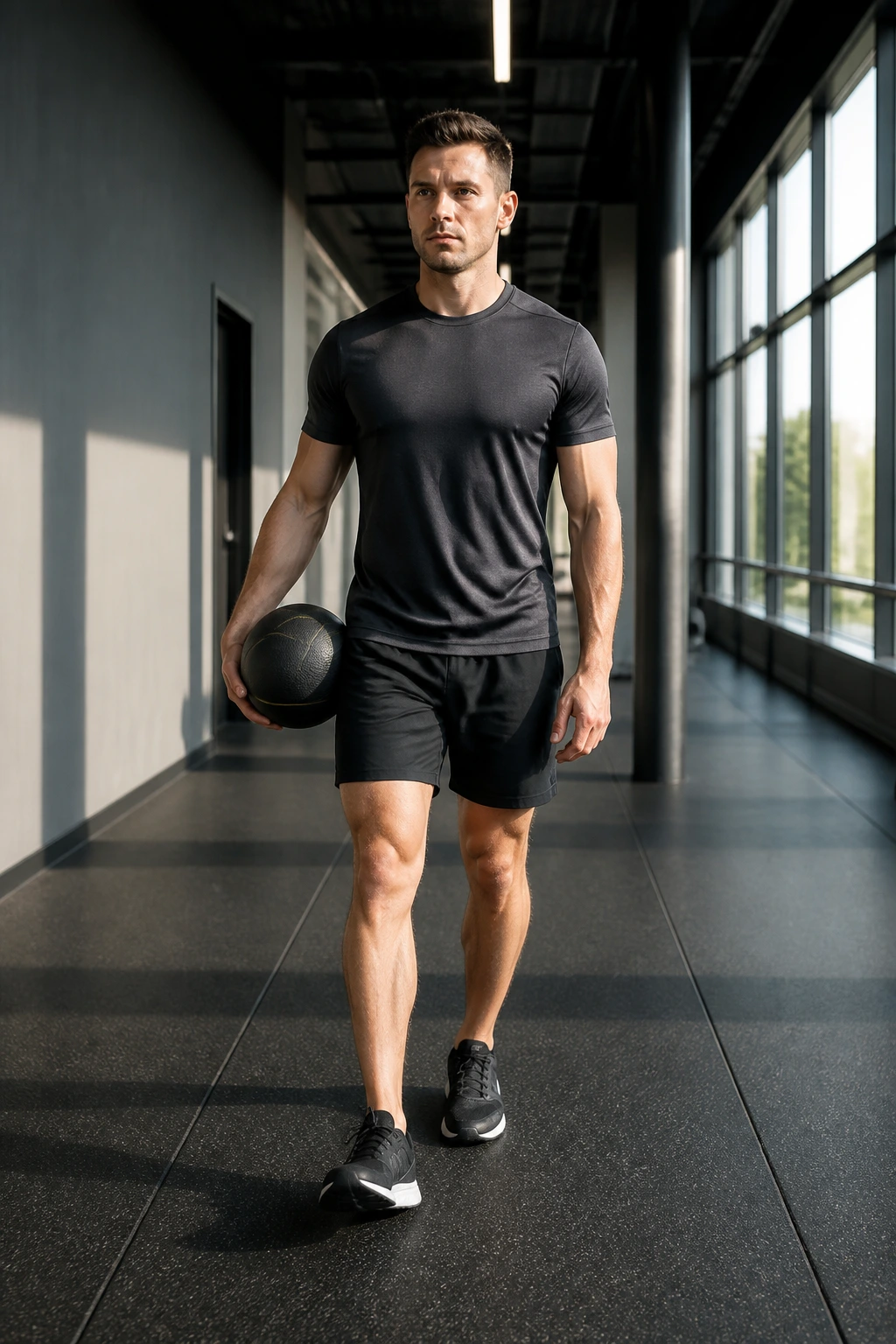 Person performing Medicine Ball Suitcase Carry with ball at side