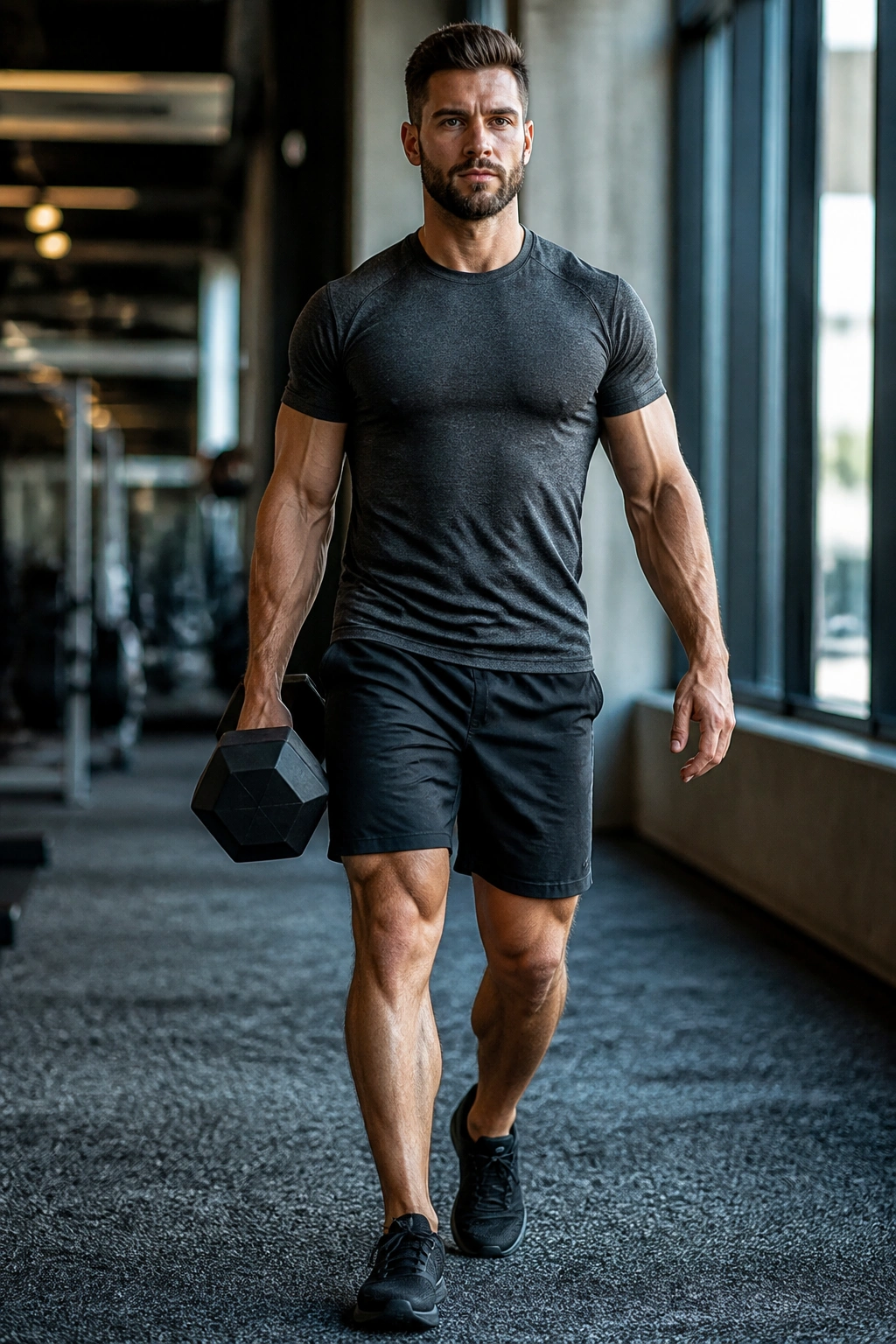 Person performing suitcase carry with dumbbell in gym corridor