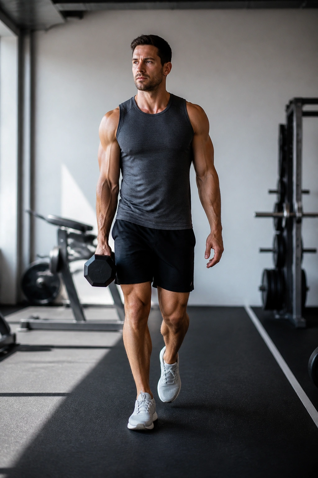 Side carry with one dumbbell emphasizing oblique engagement and tall posture