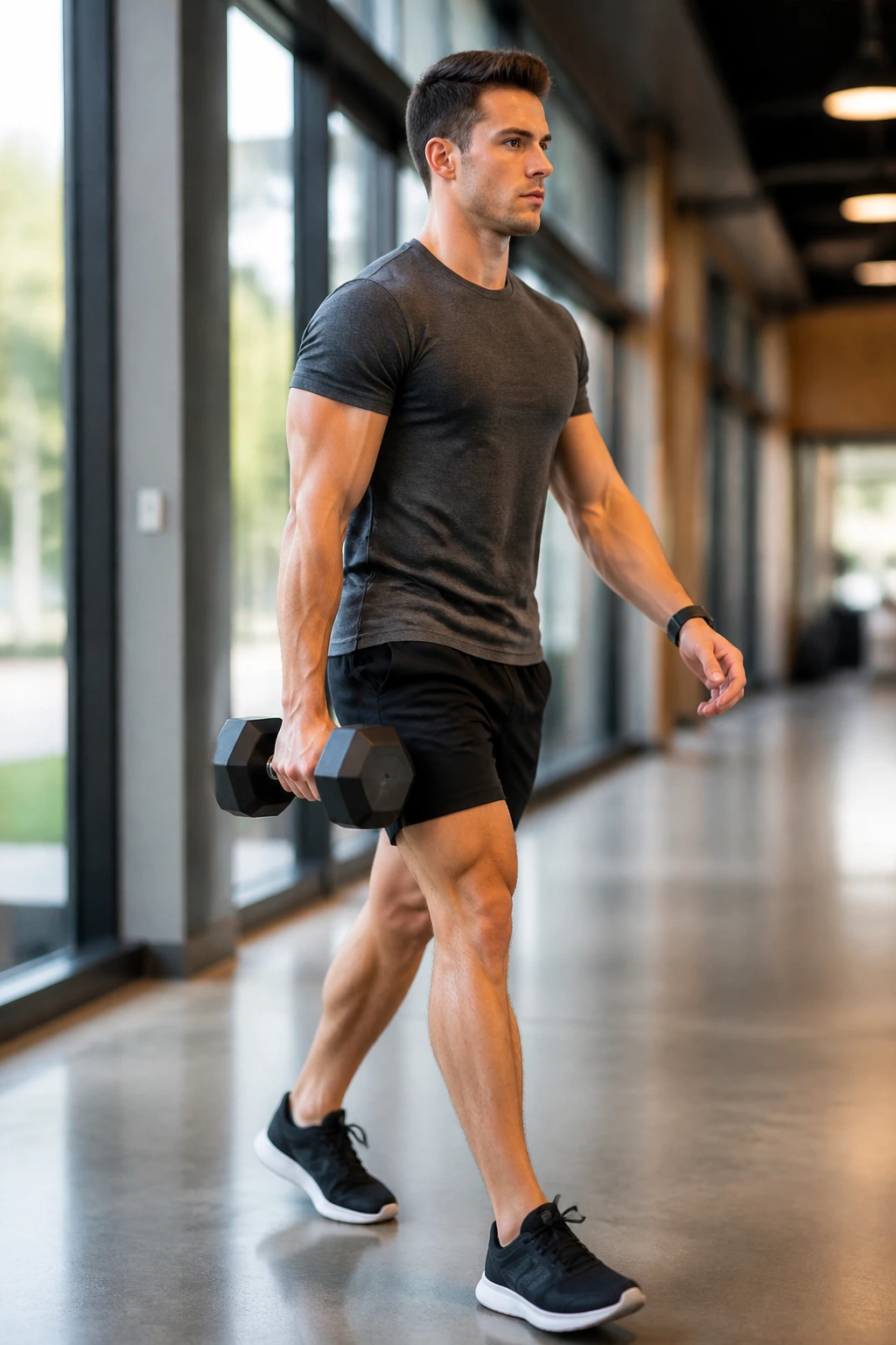Side-profile view of a person performing a suitcase carry with a dumbbell on one side while walking