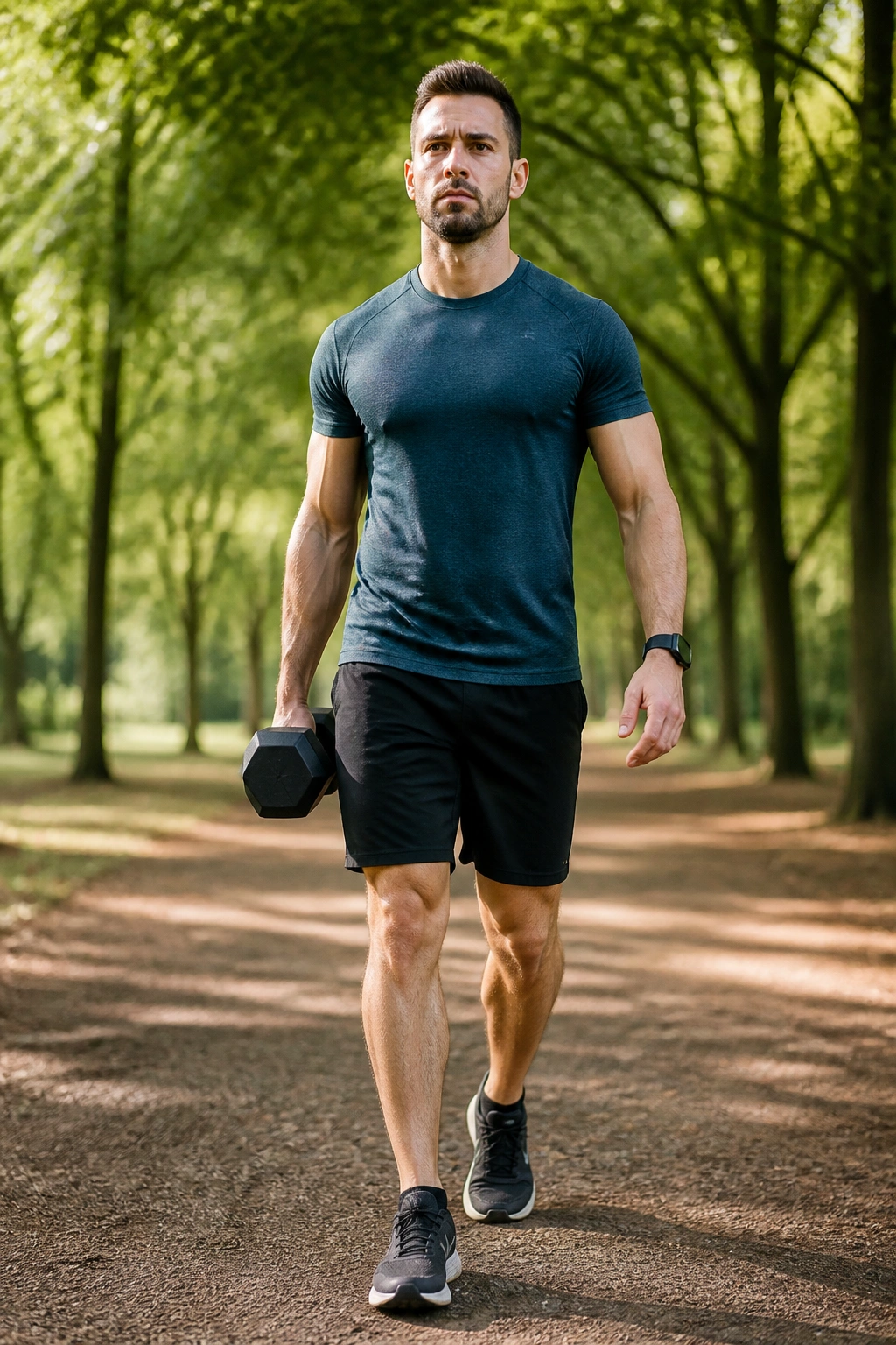 Person performing suitcase carry with dumbbell in one hand outdoors.