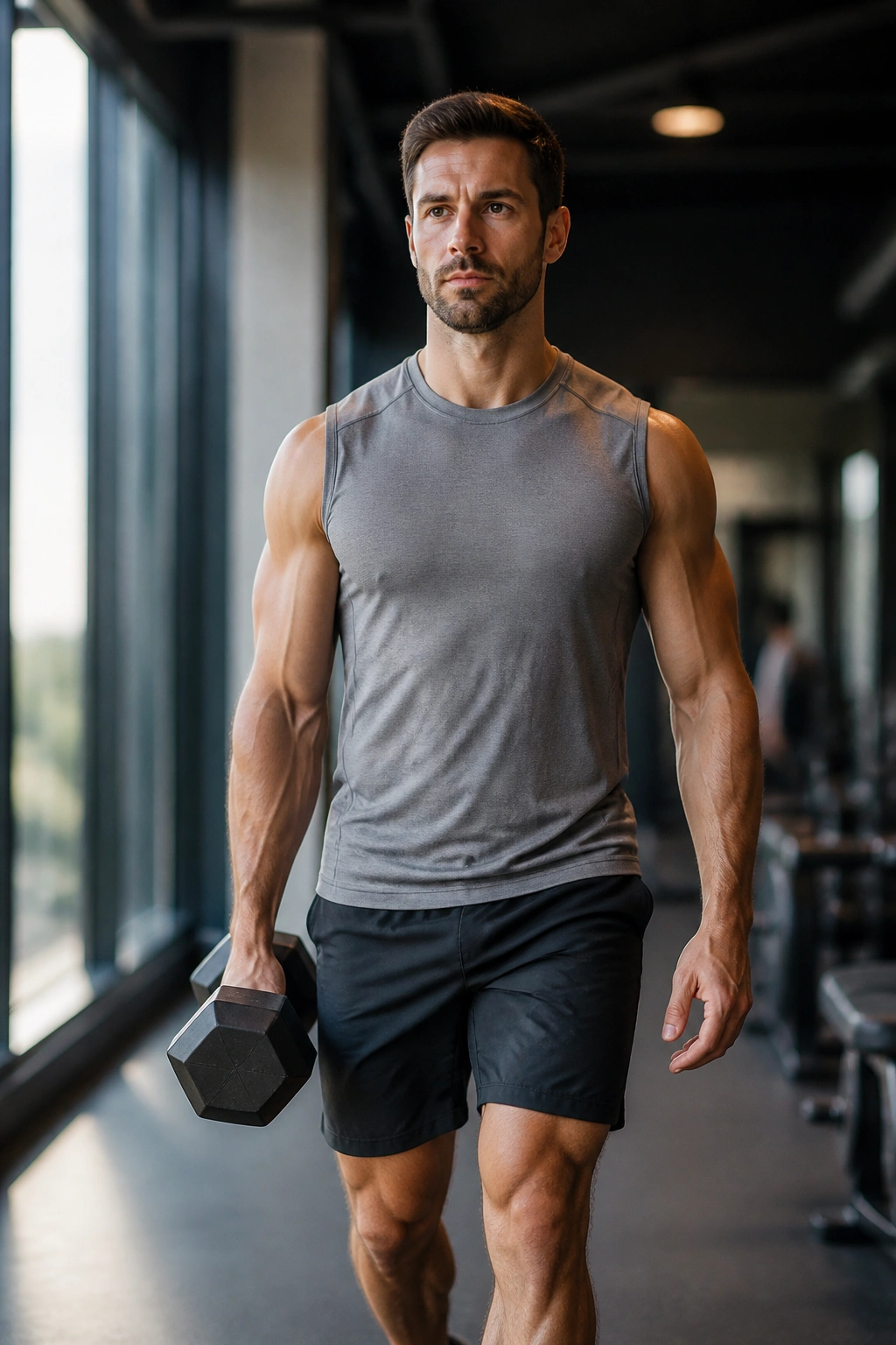 Real person performing suitcase carry with heavy dumbbell in one hand in gym corridor
