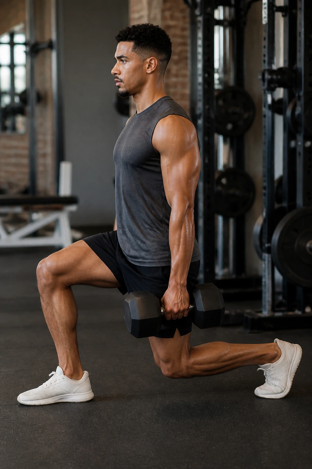 Athlete in suitcase lunge holding dumbbell at side in gym.