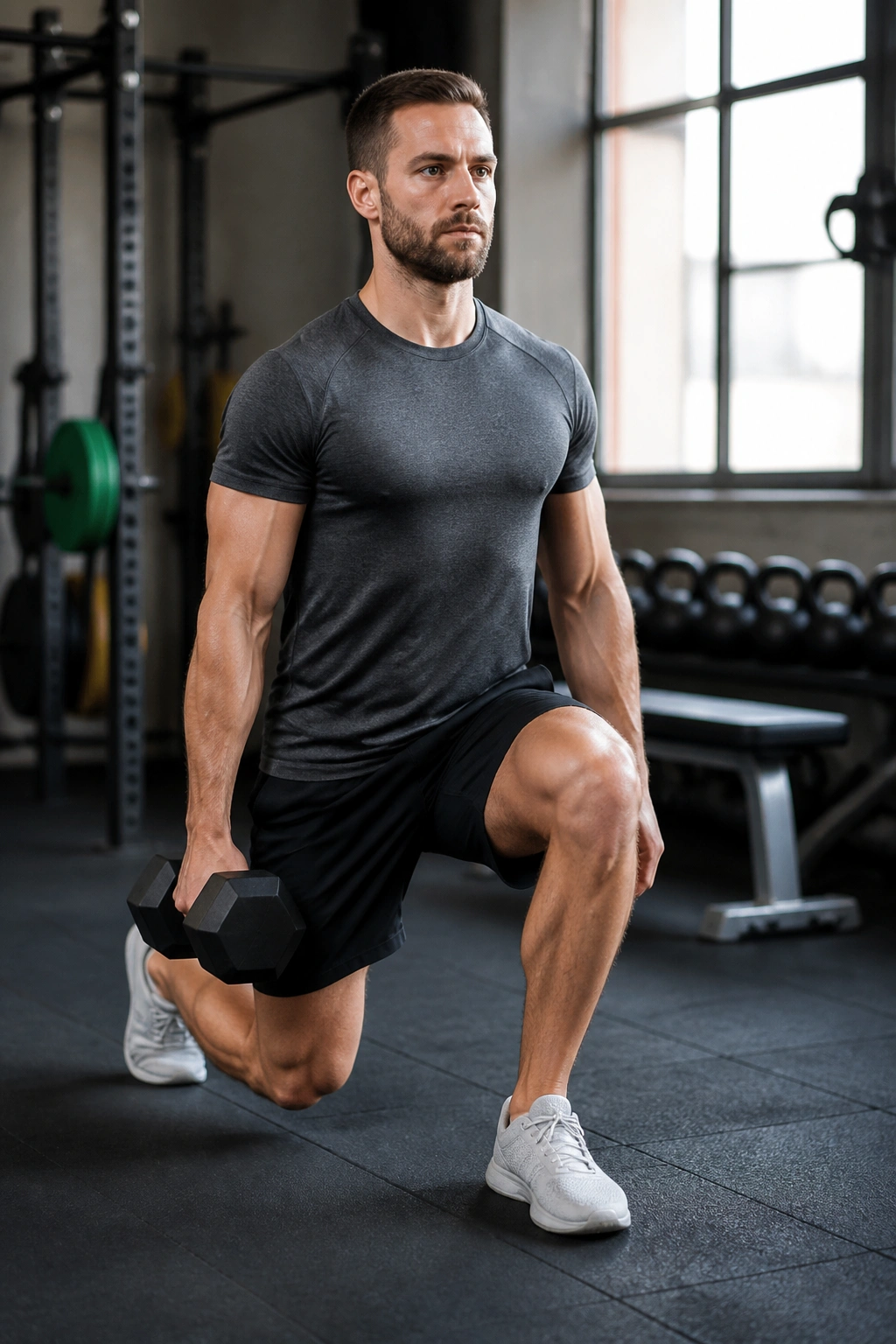 Real person performing suitcase lunge with weight in one hand in a gym