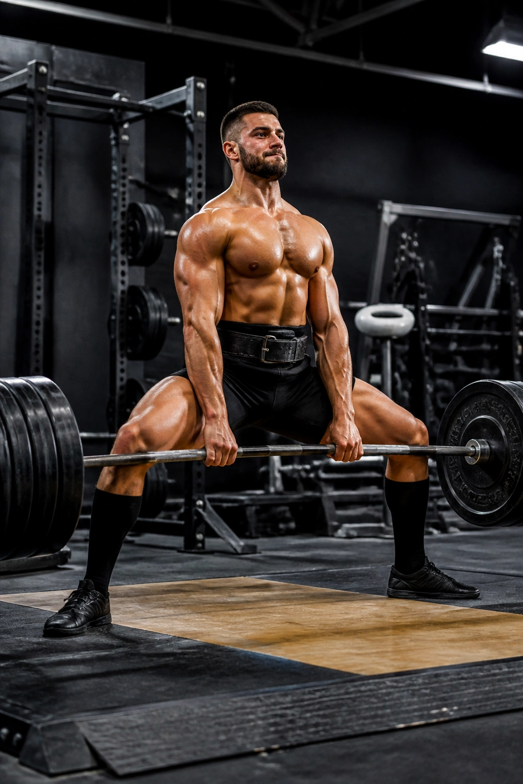 Mid-shot of a person performing sumo deadlift with a wide stance and barbell