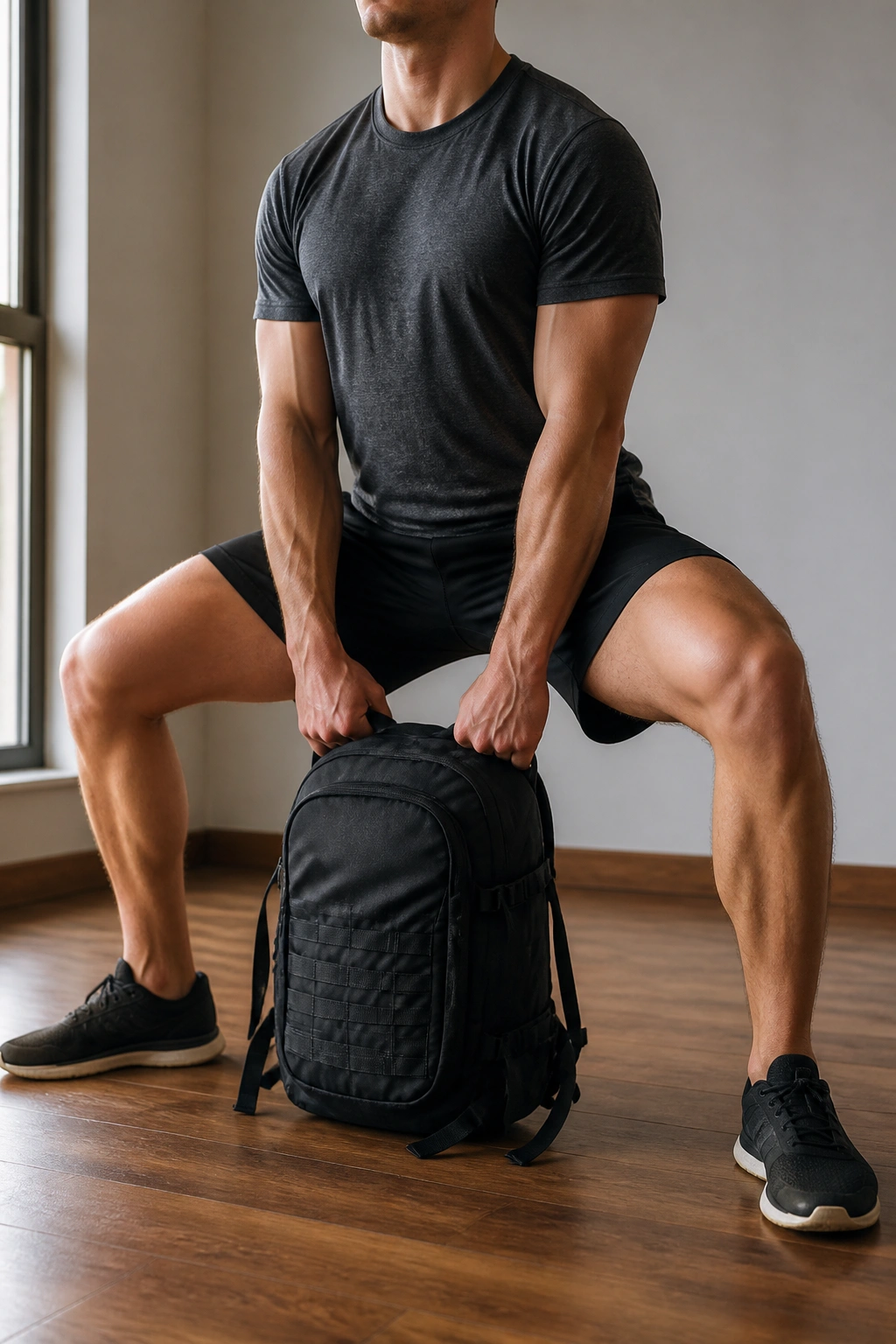 Real person performing sumo deadlift with backpack in a home gym
