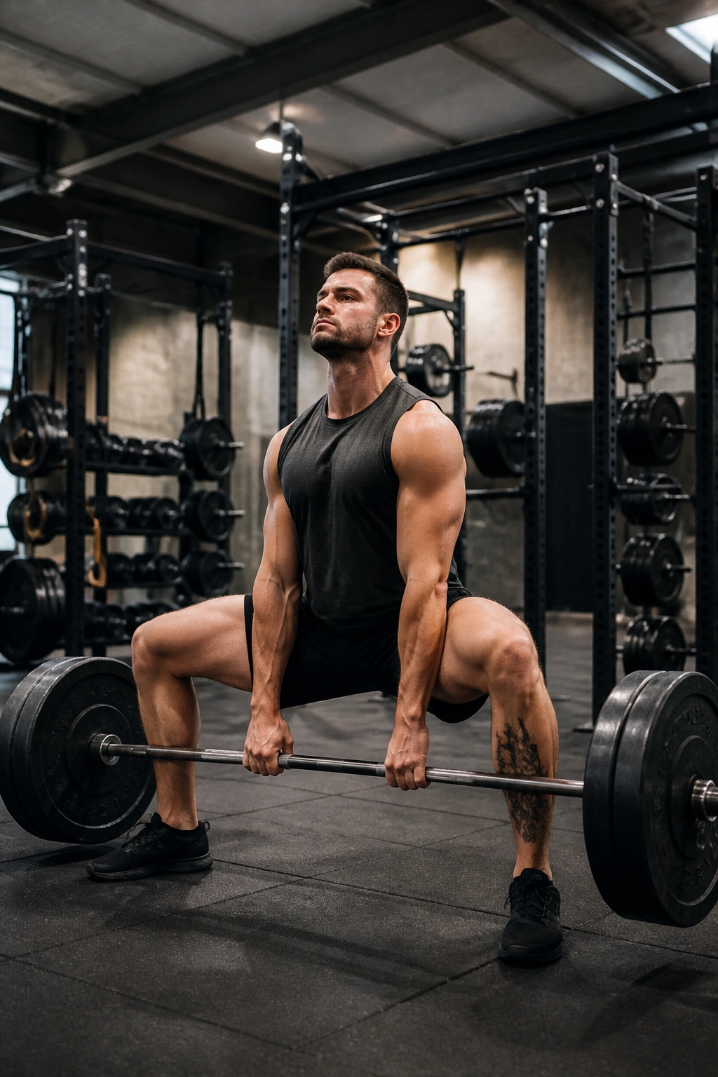 Medium shot of a real person performing a sumo deadlift in gym