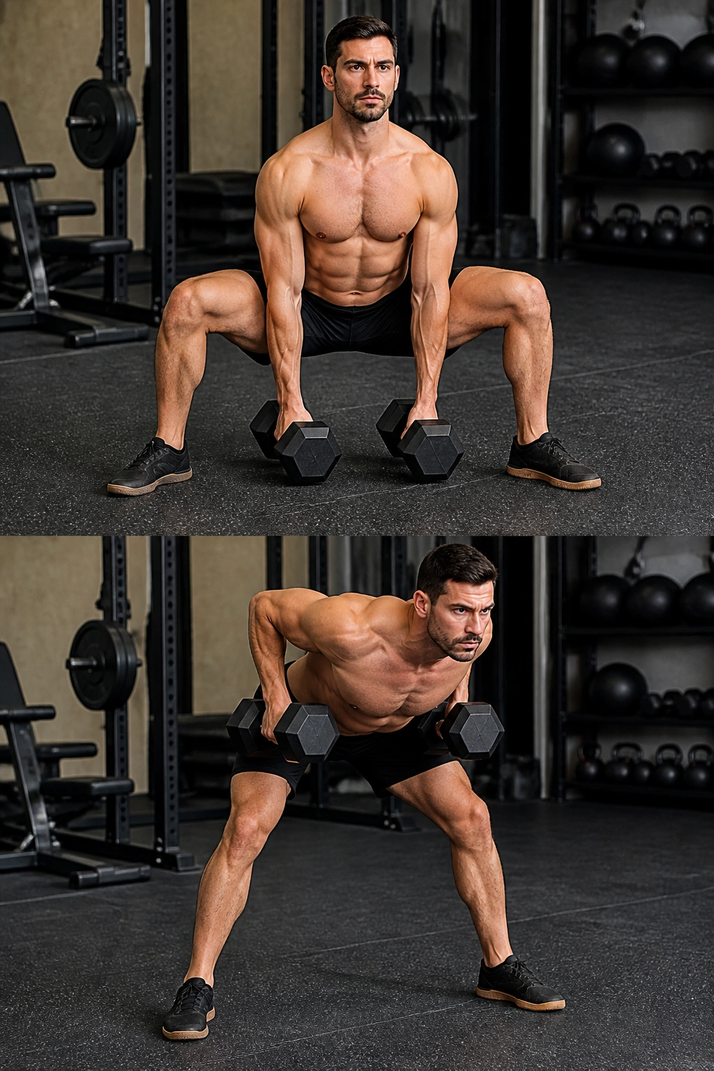 Person performing sumo deadlift and bent-over row in a gym
