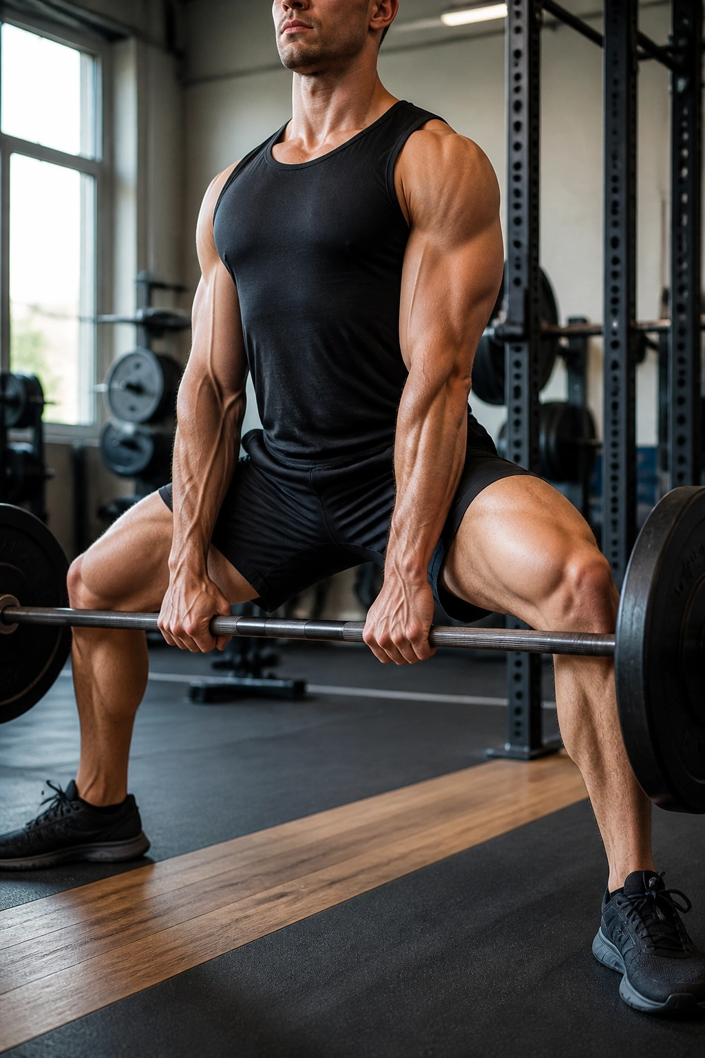 Sumo deadlift action; lifter in wide stance gripping bar inside knees