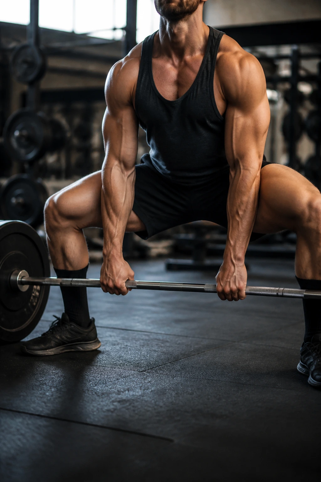 Close-up of a lifter performing sumo deadlift with barbell between wide legs in a gym