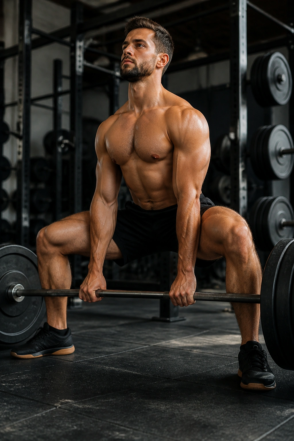Lifter in sumo deadlift stance in gym
