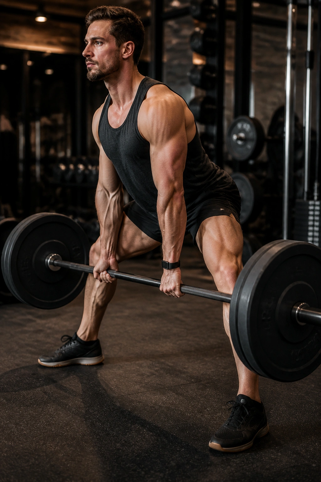 Real lifter performing sumo stance straight leg deadlift in gym