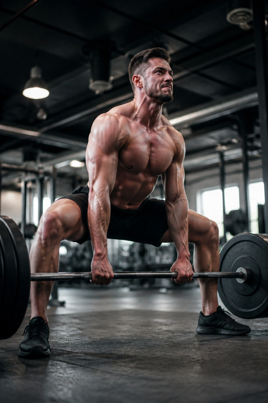 Close-up of lifter in sumo deadlift with wide stance gripping bar