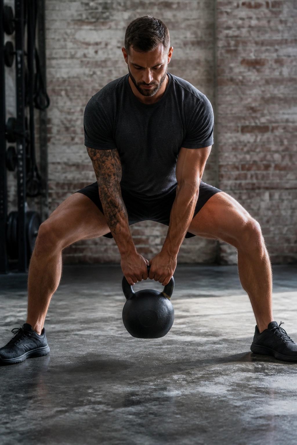 Close-up of a real person performing a sumo kettlebell deadlift with wide stance
