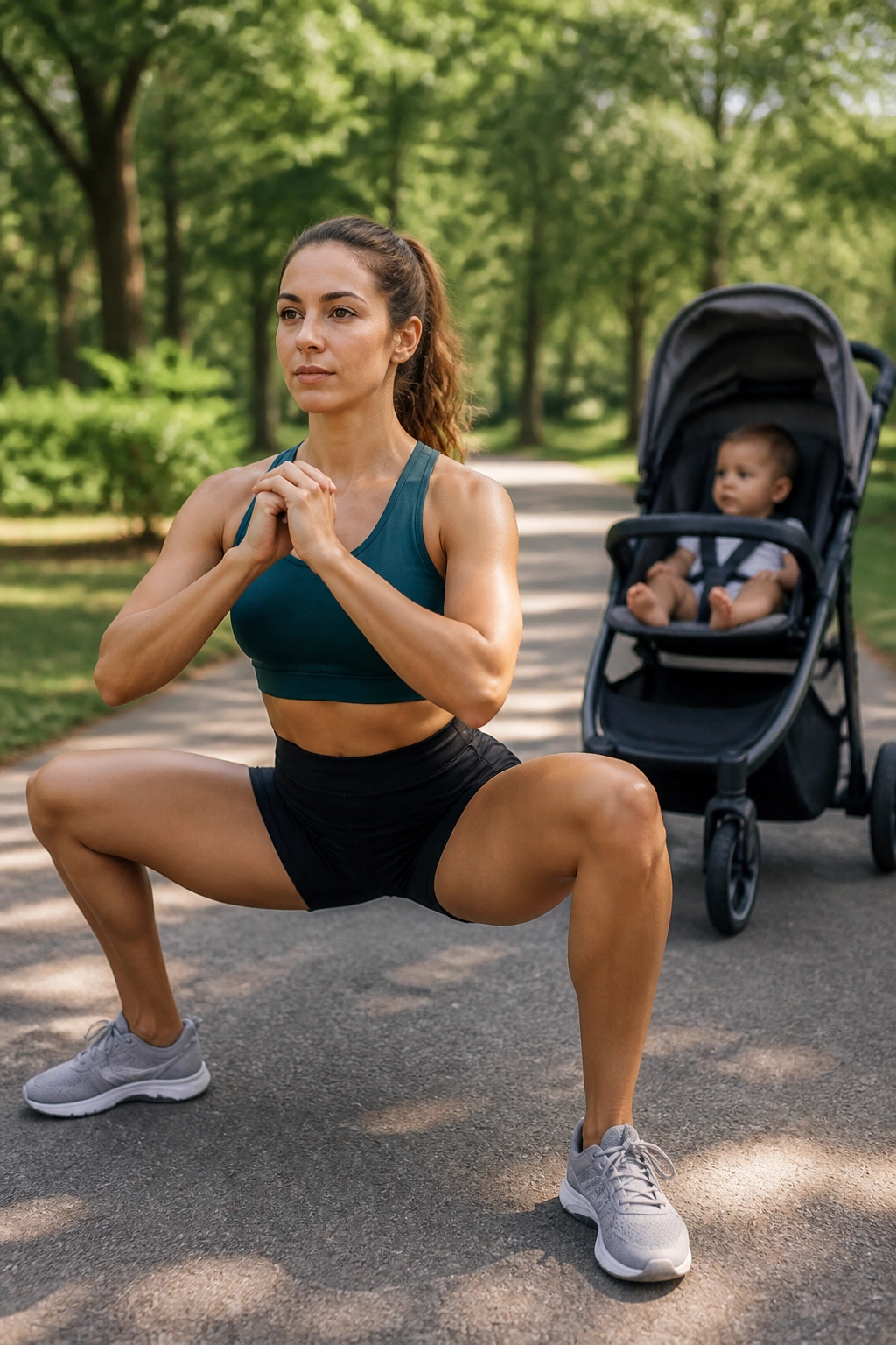 Person in a wide-stance sumo squat with stroller parked nearby