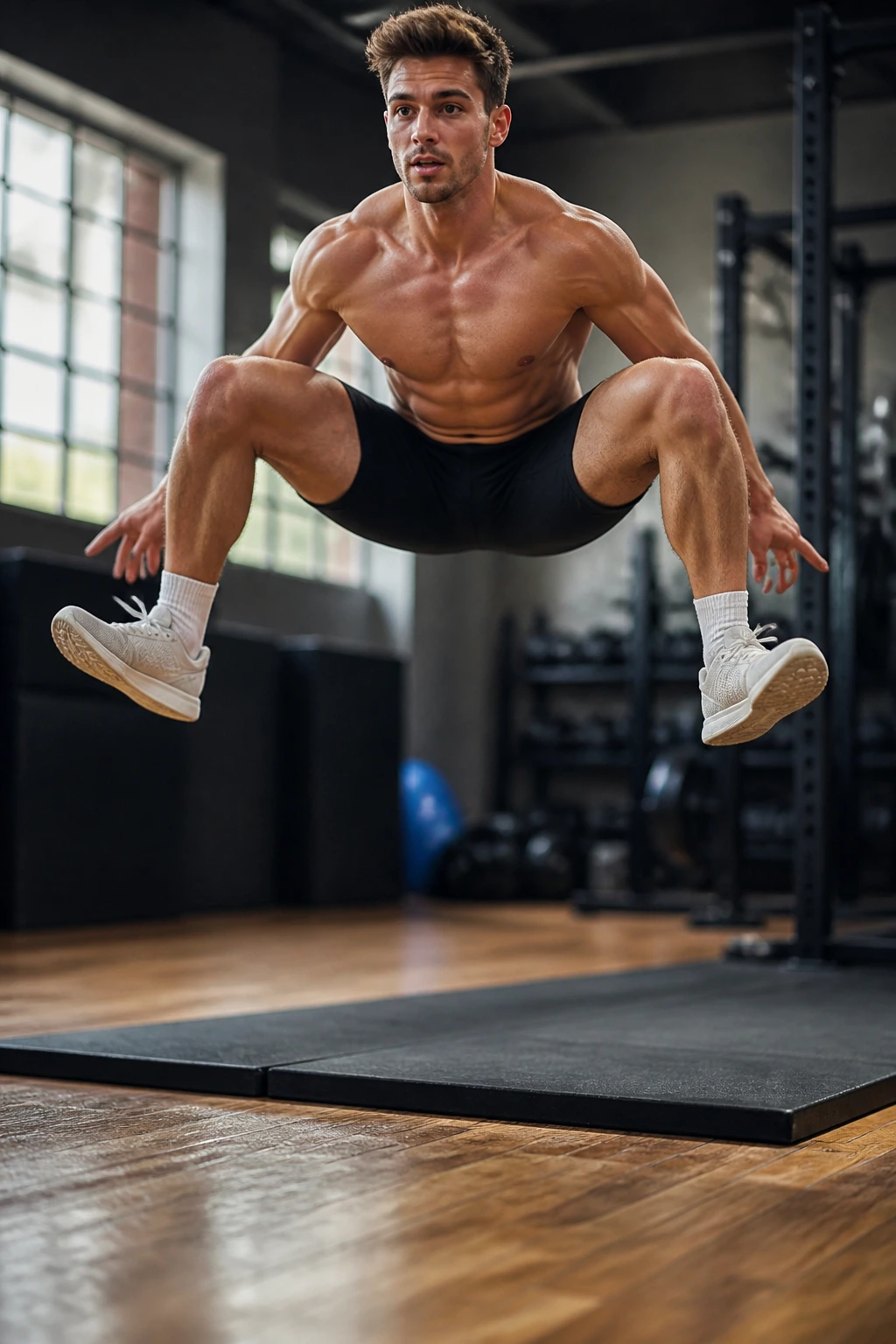 Close-up of a real athlete in a sumo squat jump showing inner thighs and glutes in a gym